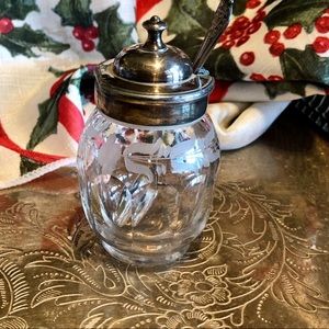 Vintage cut/frosted glass mustard jar, lid, spoon